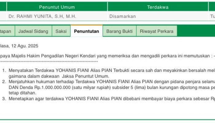 Terdakwa Pemerkosa Ponakan di Kendari Dituntut 13 Tahun Penjara dan Denda Rp 1 Miliar